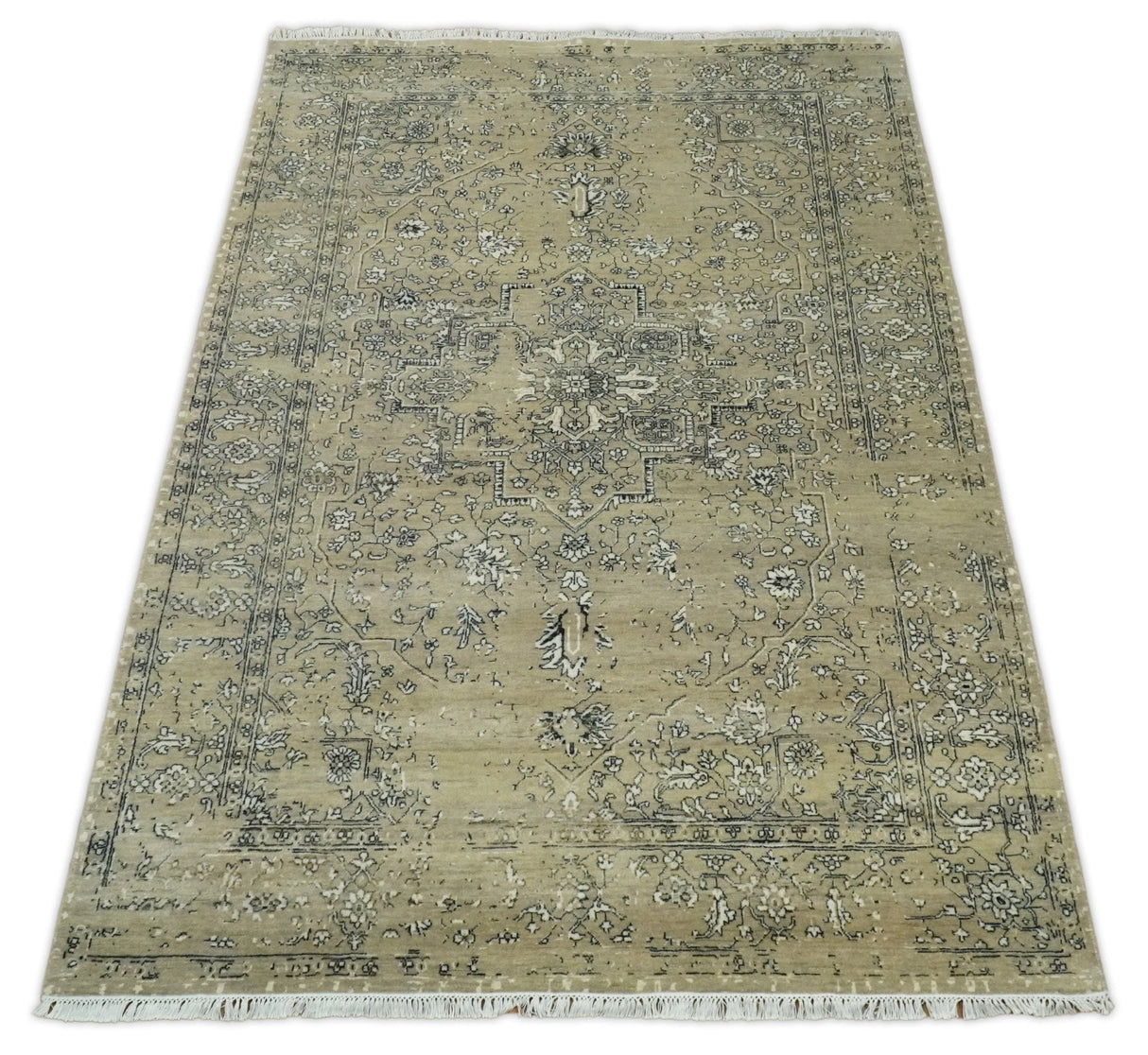 6x9 Fine Hand Knotted Beige and Black Traditional Vintage Persian Style Antique Wool Rug