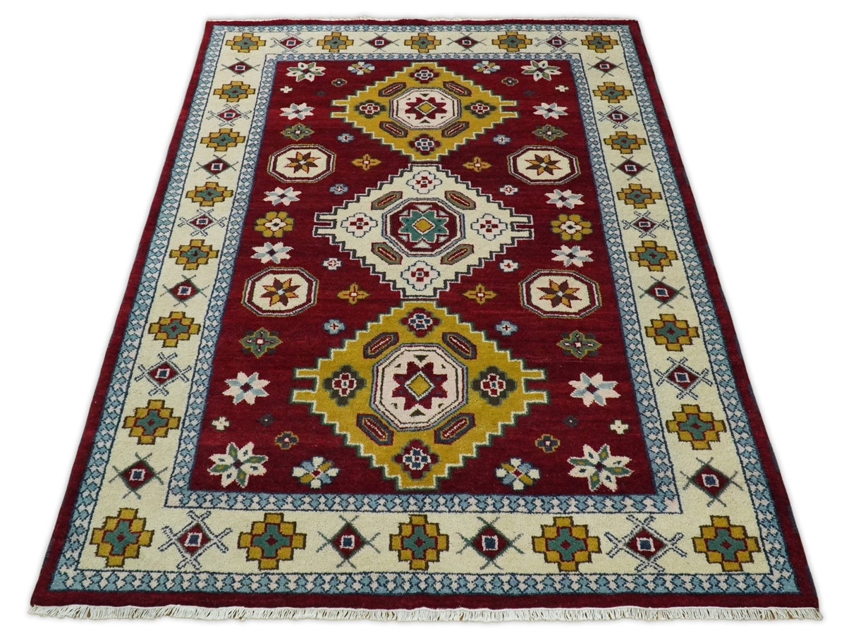 6x9 Hand Knotted Traditional Antique Kazak Red and Mustard Wool Area Rug