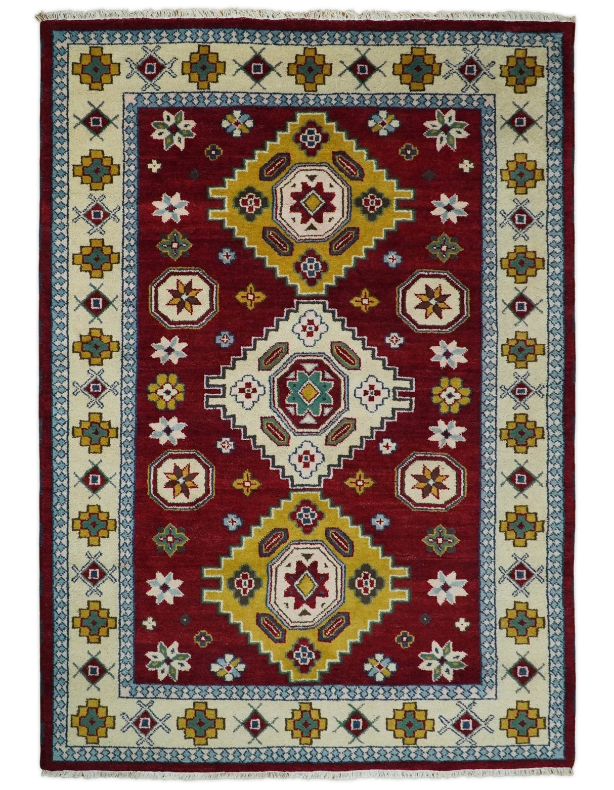 6x9 Hand Knotted Traditional Antique Kazak Red and Mustard Wool Area Rug