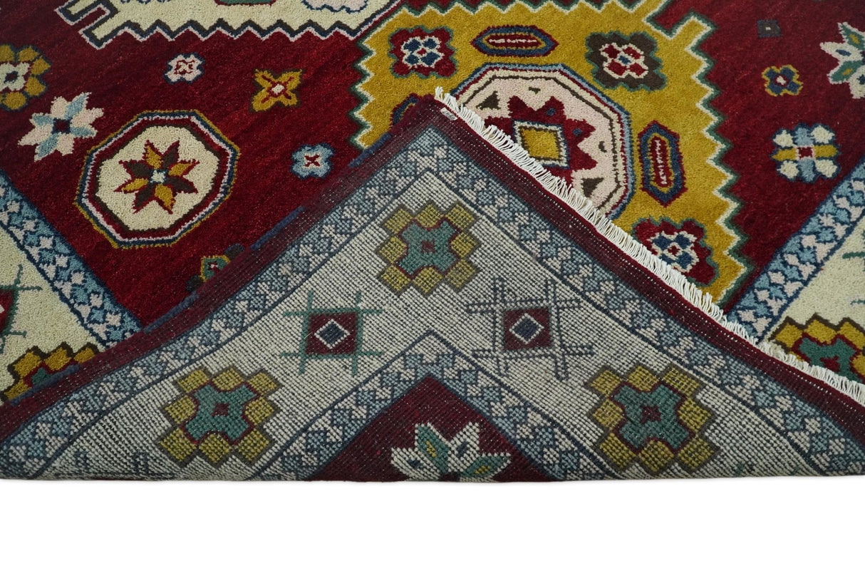 6x9 Hand Knotted Traditional Antique Kazak Red and Mustard Wool Area Rug