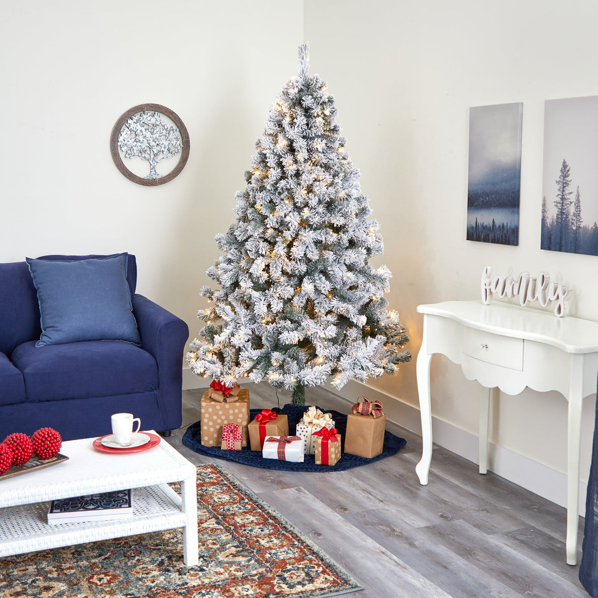 7' Flocked West Virginia Fir Artificial Christmas Tree with 350 Clear LED Lights-Christmas Tree-Parc Decor