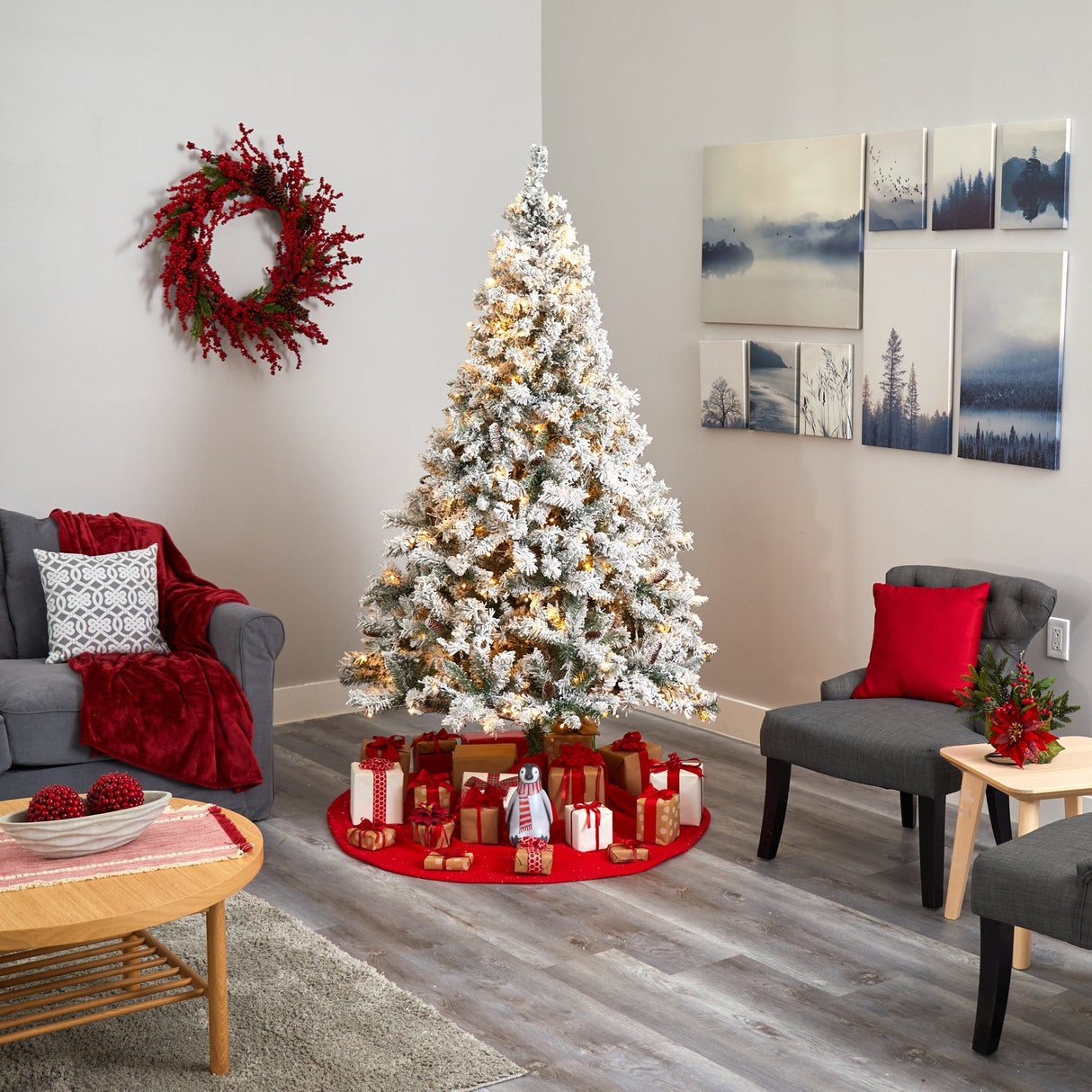 7' Flocked White River Mountain Pine Artificial Christmas Tree with Pinecones and 350 LED Lights-Christmas Tree-Parc Decor