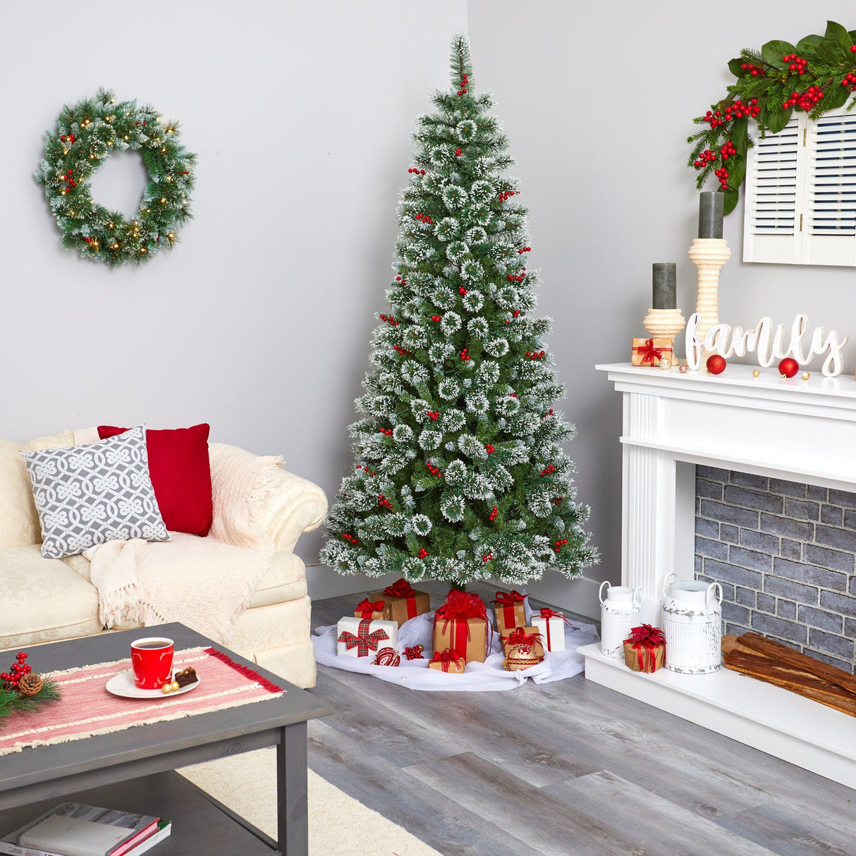 7’ Frosted Swiss Pine Artificial Christmas Tree with 400 Clear LED Lights and Berries-Christmas Tree-Parc Decor