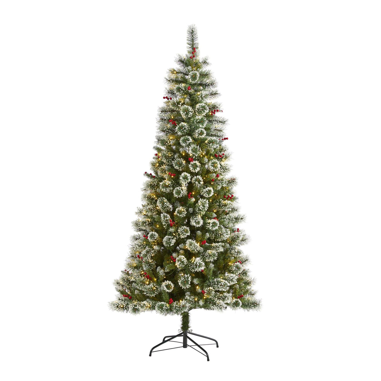 7’ Frosted Swiss Pine Artificial Christmas Tree with 400 Clear LED Lights and Berries-Christmas Tree-Parc Decor