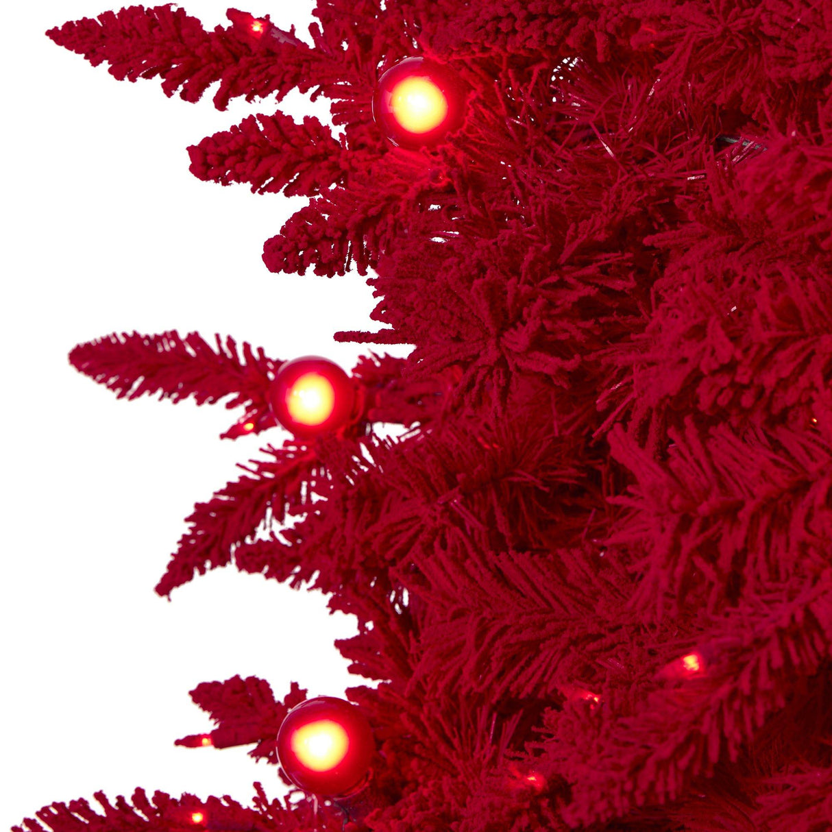 7' Red Flocked Fraser Fir Artificial Christmas Tree with 500 Red Lights, 40 Globe Bulbs and 1039 Bendable Branches-Christmas Tree-Parc Decor