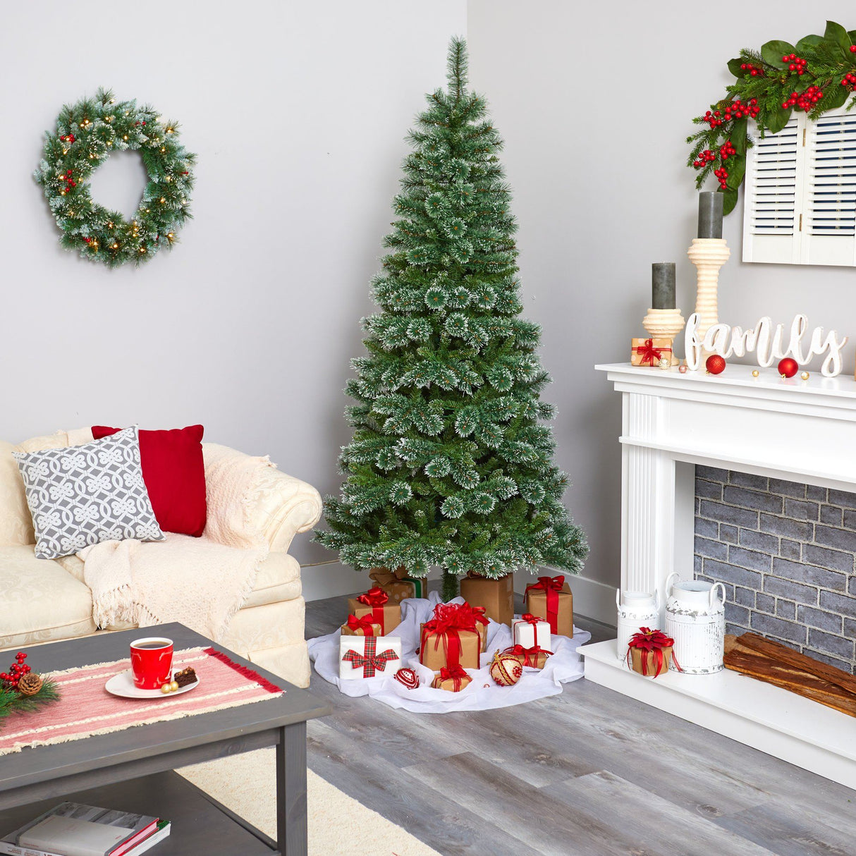 7’ Wisconsin Slim Snow Tip Pine Artificial Christmas Tree with 400 Clear LED Lights-Christmas Tree-Parc Decor