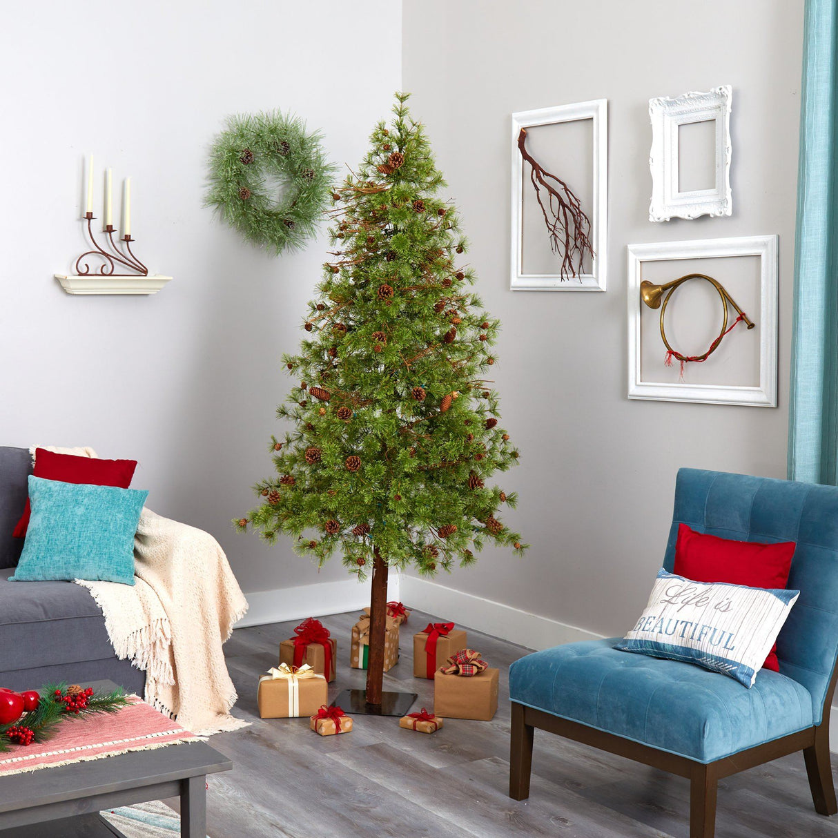 7' Wyoming Alpine Artificial Christmas Tree with 200 Clear (multifunction) LED Lights and Pine Cones on Natural Trunk-Christmas Tree-Parc Decor