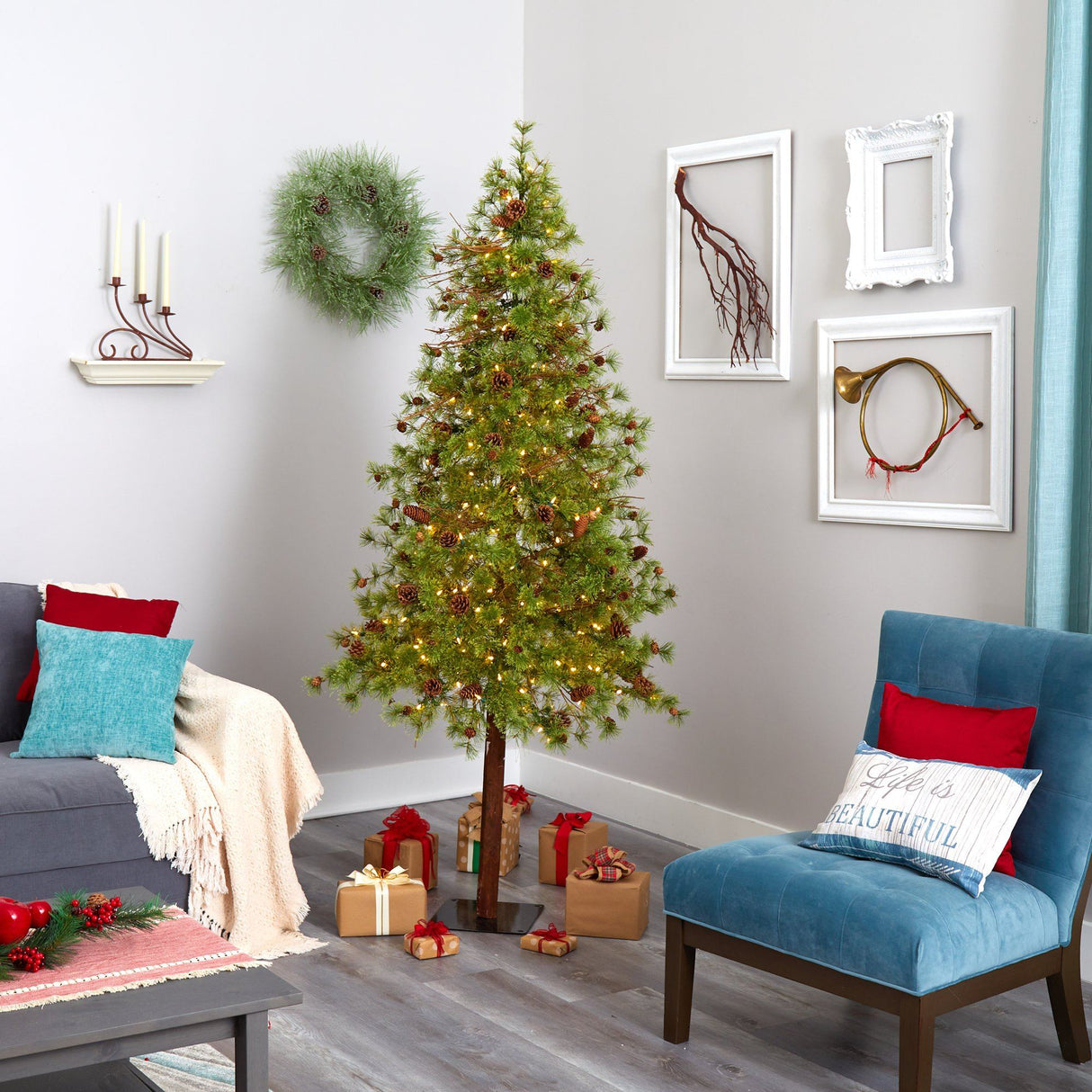 7' Wyoming Alpine Artificial Christmas Tree with 200 Clear (multifunction) LED Lights and Pine Cones on Natural Trunk-Christmas Tree-Parc Decor