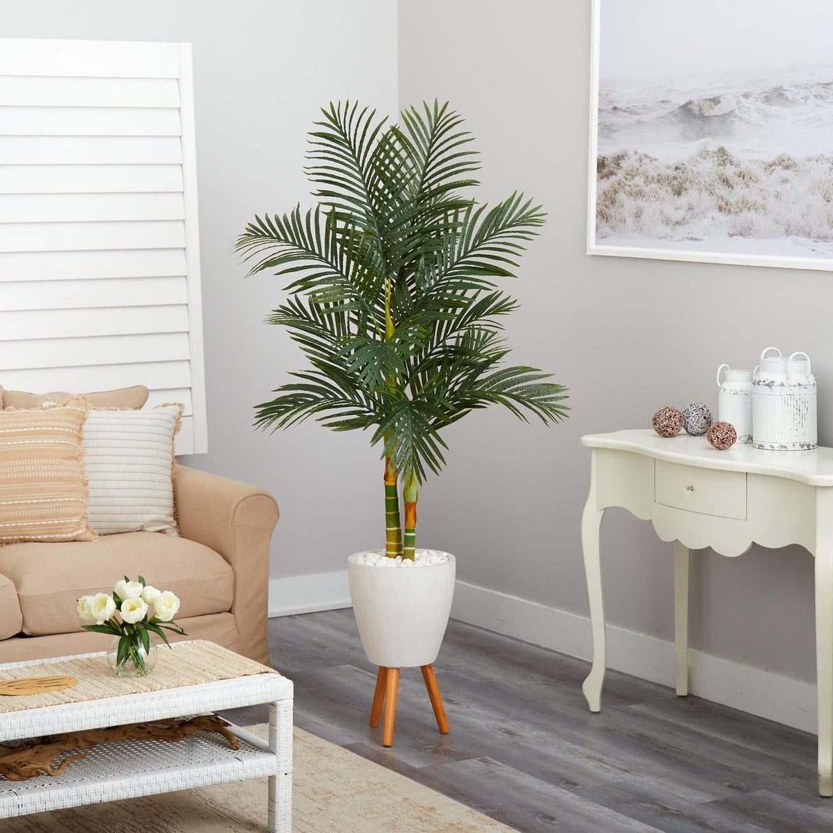70” Golden Cane Artificial Palm Tree in White Planter with Stand-Parc Decor