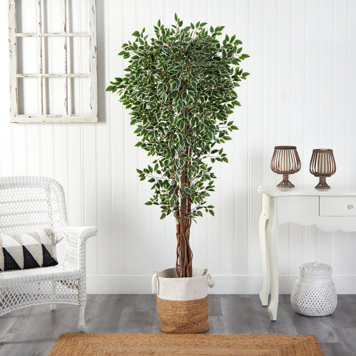 70” Variegated Ficus Tree in Handmade Jute and Cotton Planter UV Resistant (Indoor/Outdoor)-Parc Decor