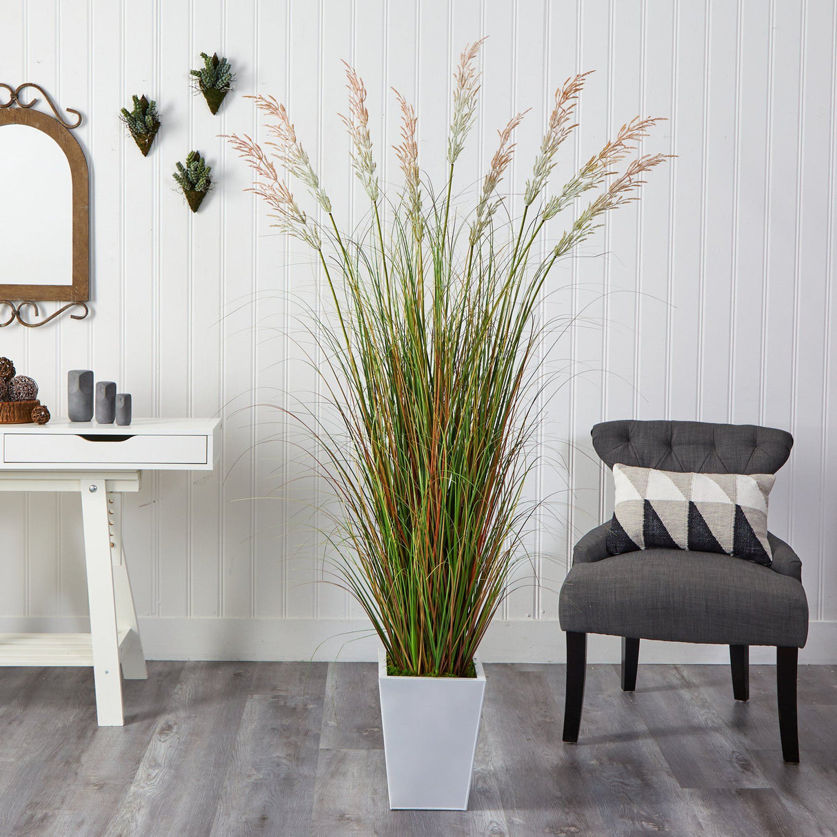 74” Grass Artificial Plant in White Metal Planter-Parc Decor