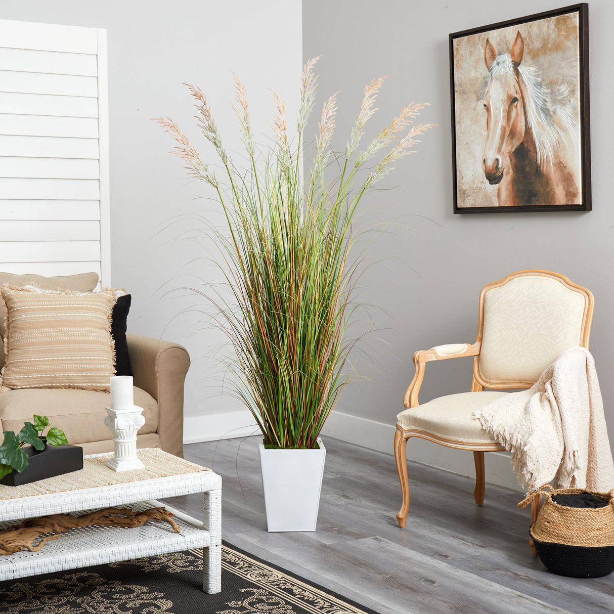 74” Grass Artificial Plant in White Metal Planter-Parc Decor