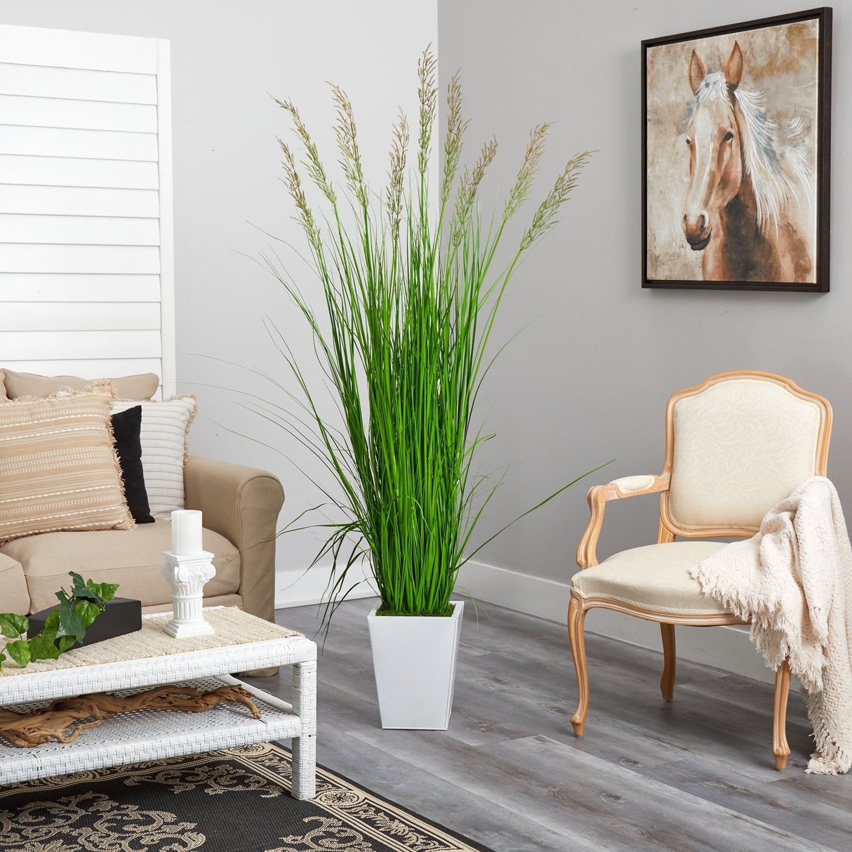 75” Grass Artificial Plant in White Metal Planter-Parc Decor