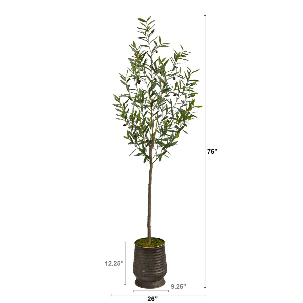75” Olive Artificial Tree in Ribbed Metal Planter-Parc Decor