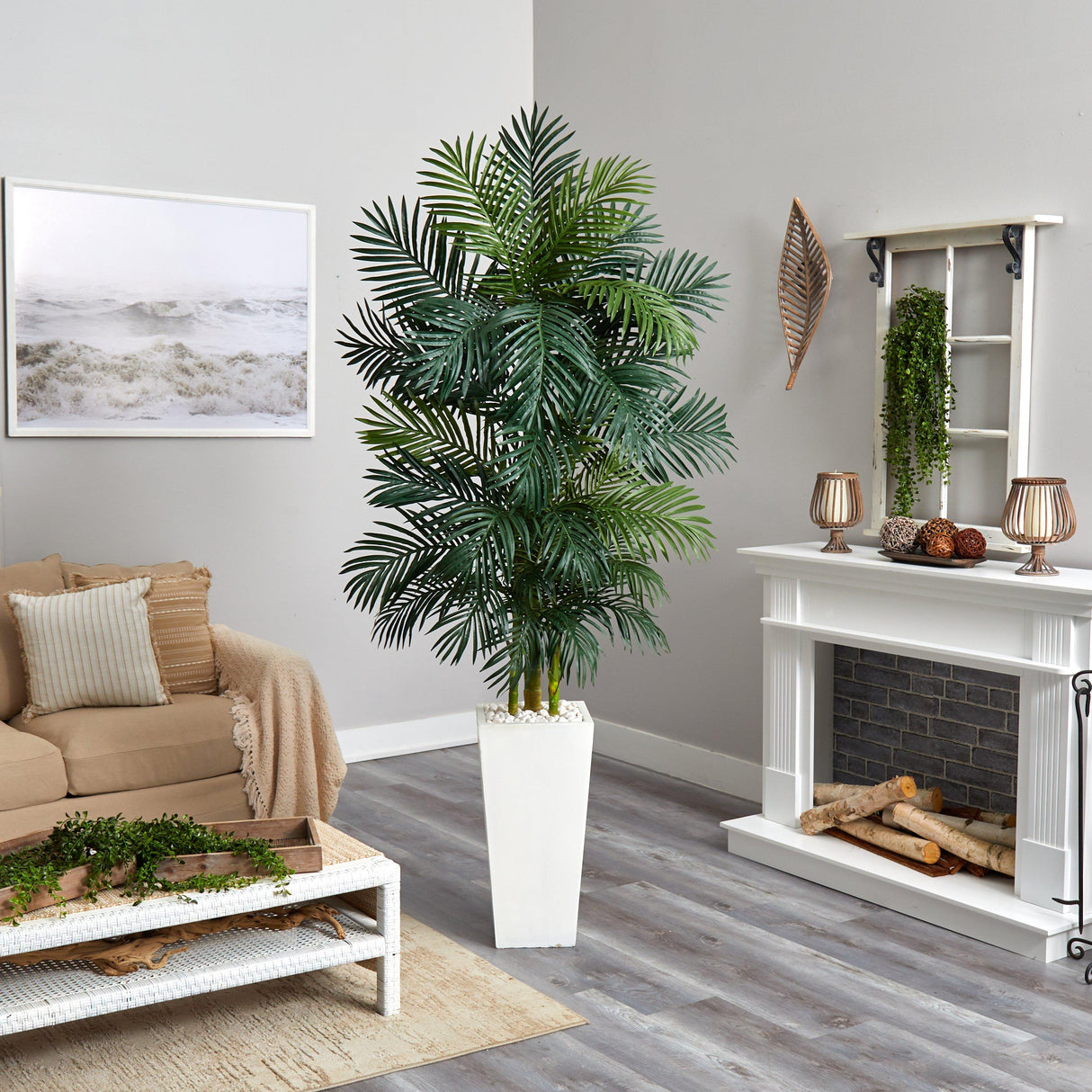 7.5' Golden Cane Palm Artificial Tree in White Tower Planter-Parc Decor