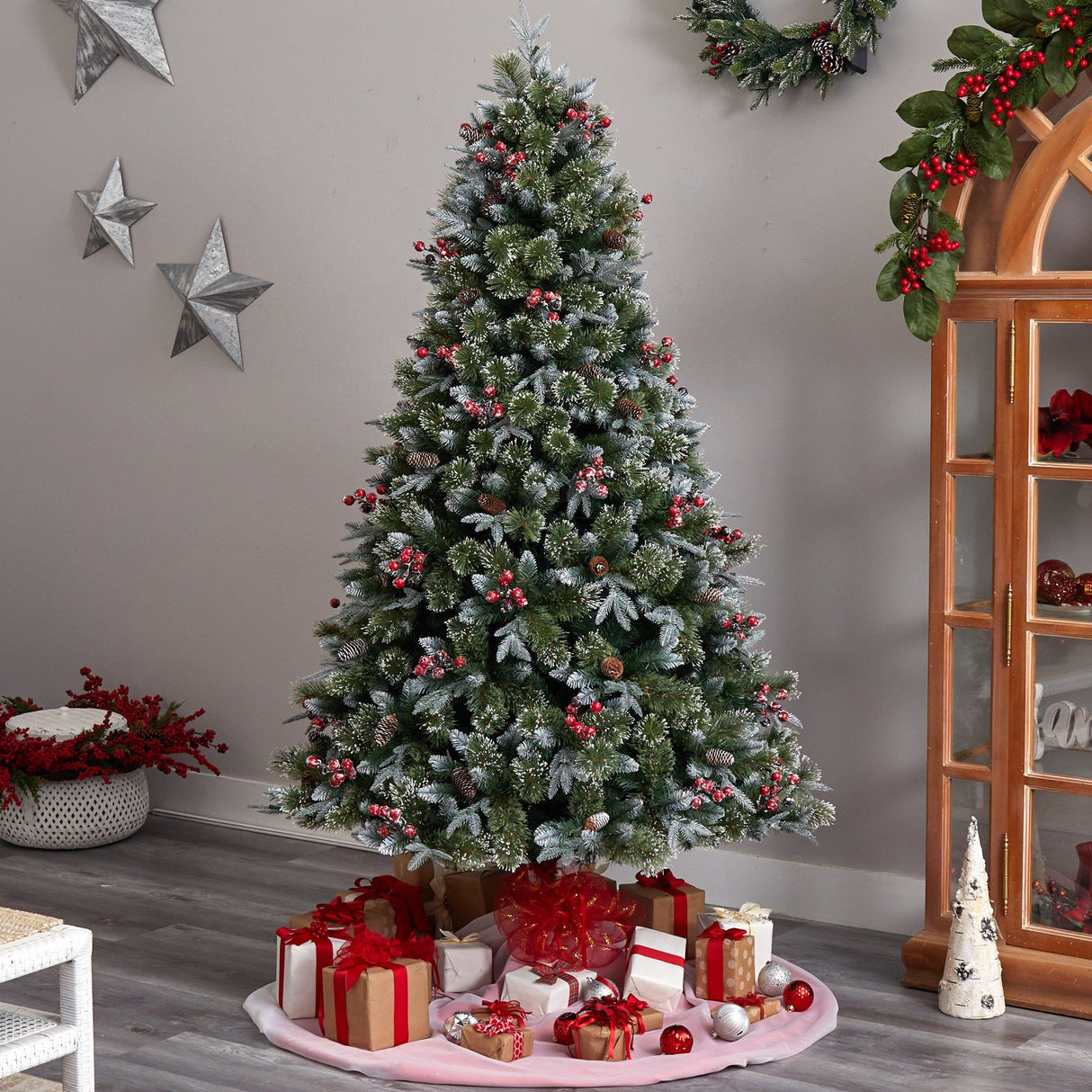 7.5' Snow Tipped Aspen Spruce Pre-Lit Tree with 450 LED lights, Berries and Pinecones-Parc Decor