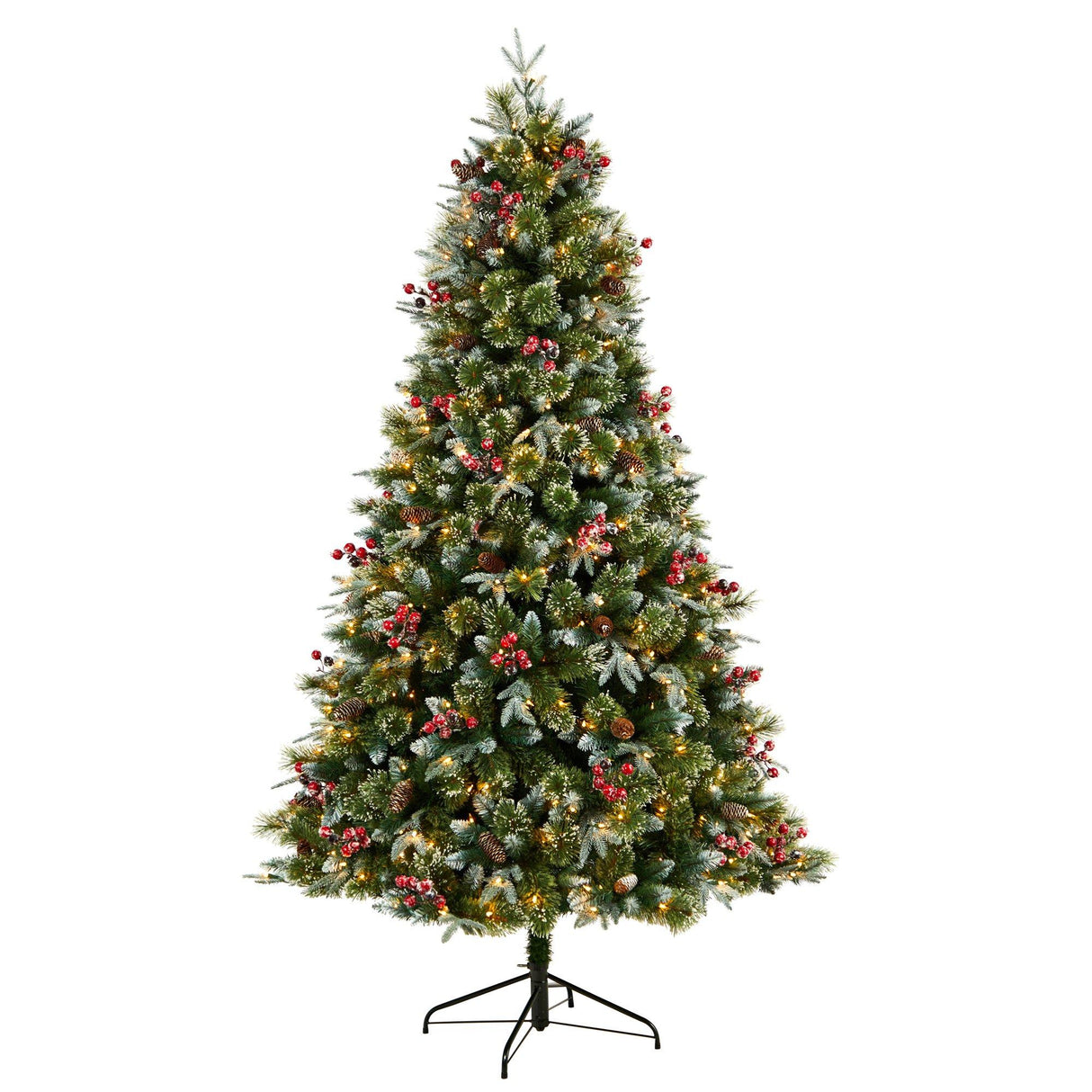 7.5' Snow Tipped Aspen Spruce Pre-Lit Tree with 450 LED lights, Berries and Pinecones-Parc Decor