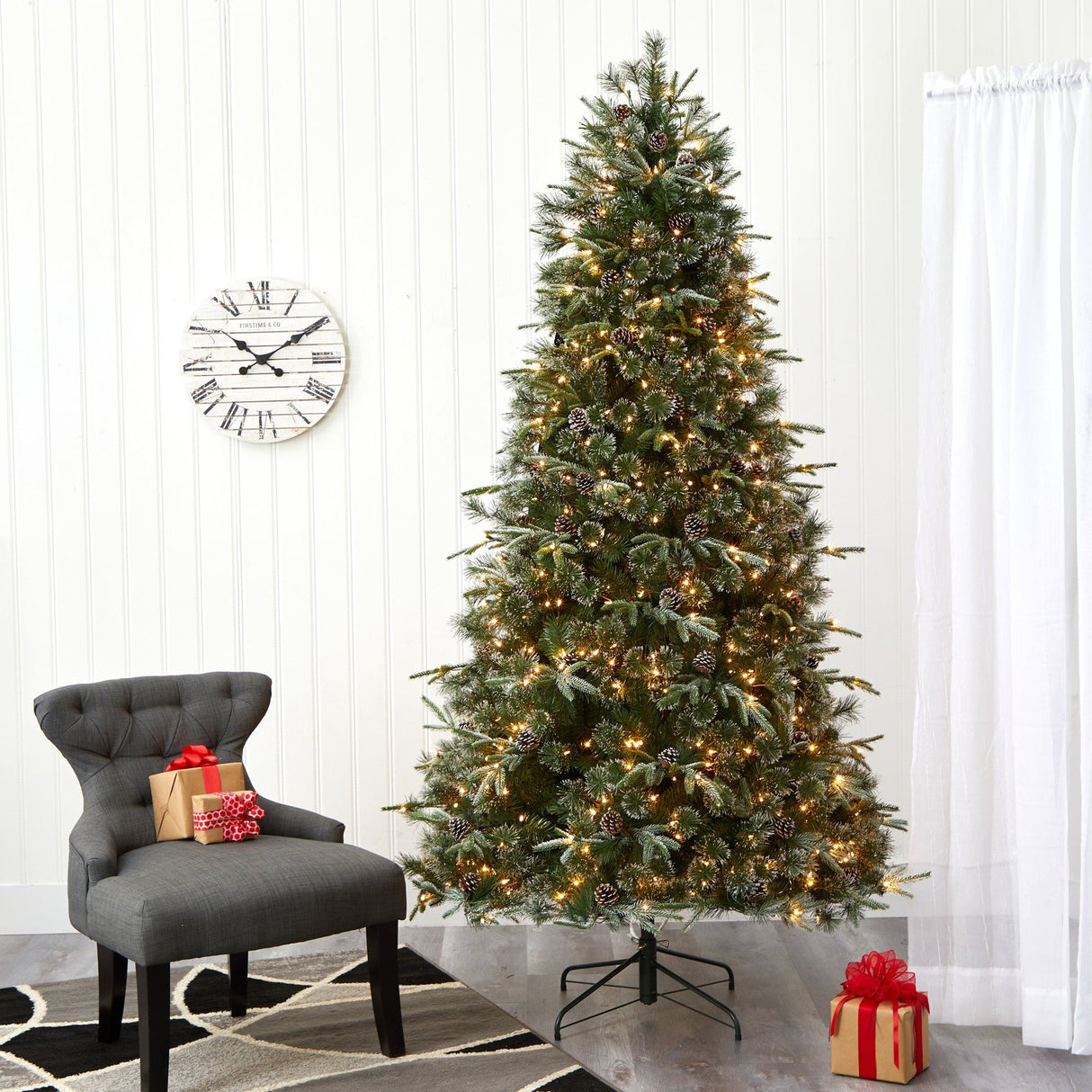 7.5’ Snowed Tipped Clermont Mixed Pine Artificial Christmas Tree with 600 Clear LED Lights, Pine Cones and 1784 Bendable Branches-Christmas Tree-Parc Decor