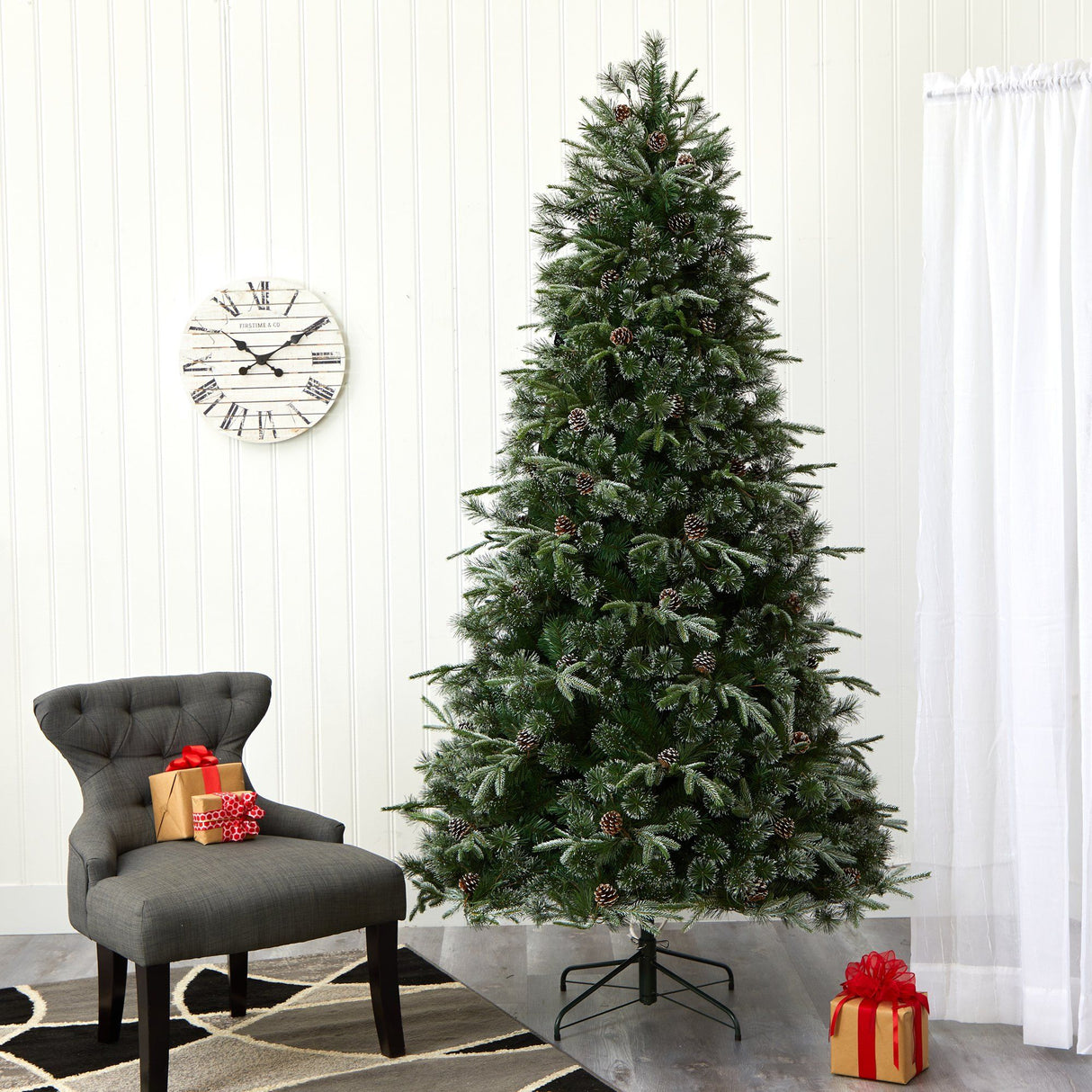 7.5’ Snowed Tipped Clermont Mixed Pine Artificial Christmas Tree with 600 Clear LED Lights, Pine Cones and 1784 Bendable Branches-Christmas Tree-Parc Decor