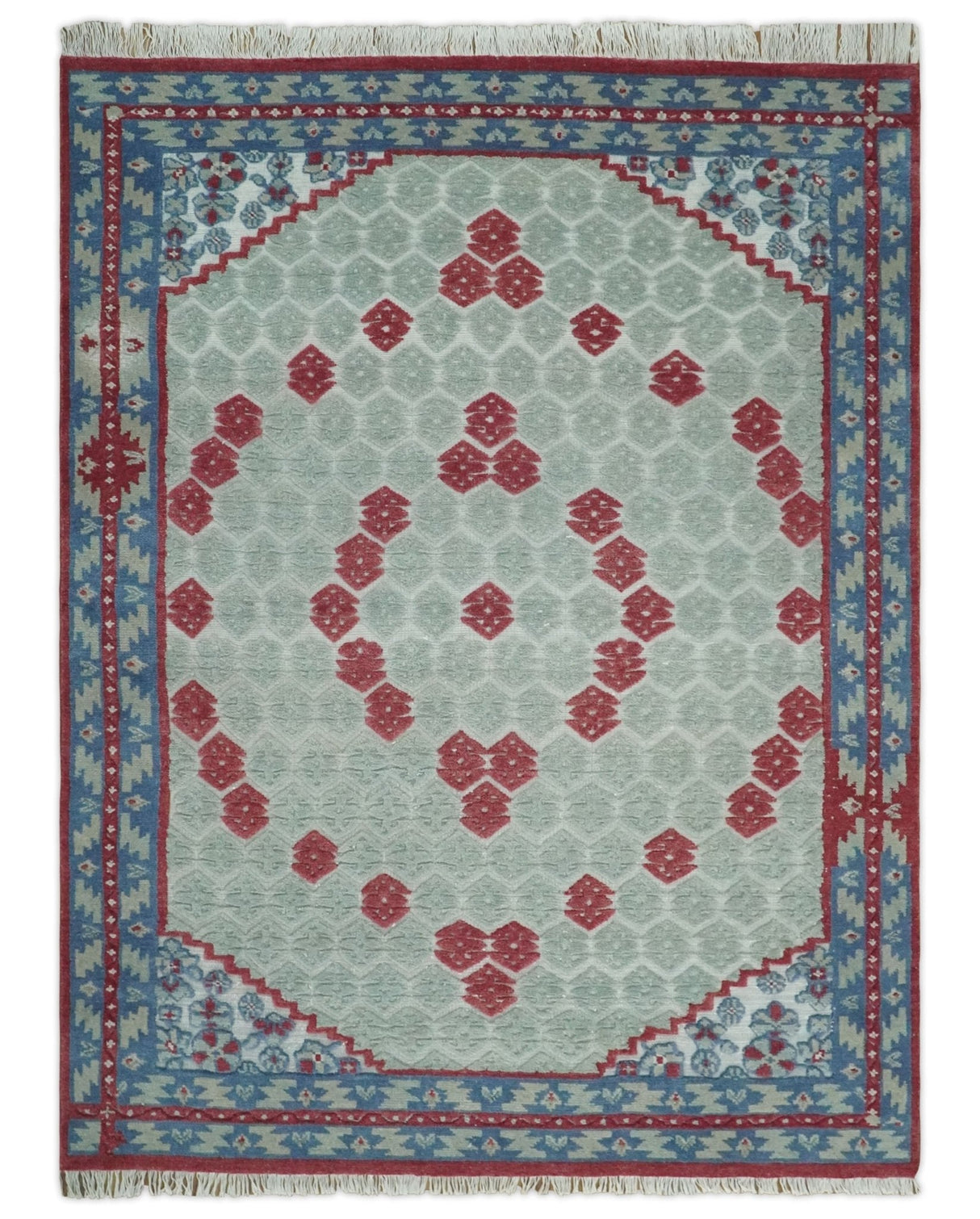 7x10 Hand Knotted Gray, Red and Blue Traditional Wool Rug