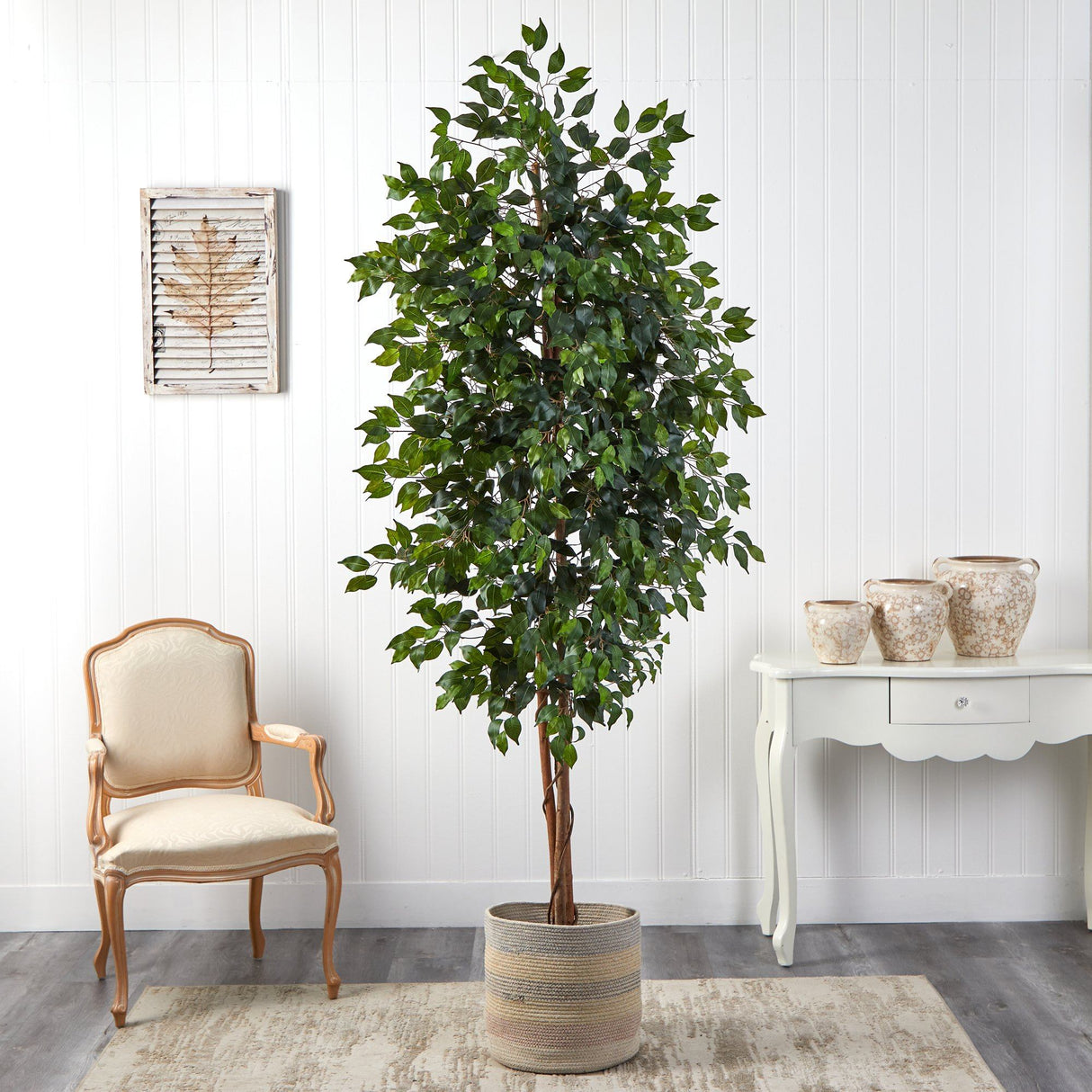8’ Ficus Artificial Tree with Handmade Natural Cotton Multicolored Woven Planter-Parc Decor