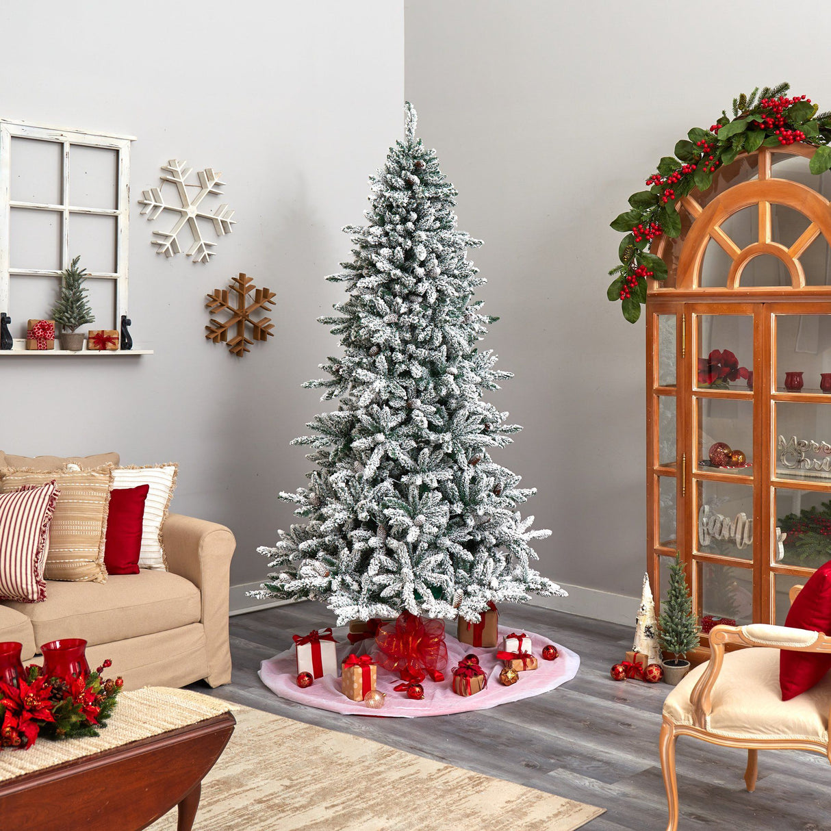 8’ Flocked Livingston Fir Artificial Christmas Tree with Pine Cones and 500 Clear Warm LED Lights-Christmas Tree-Parc Decor