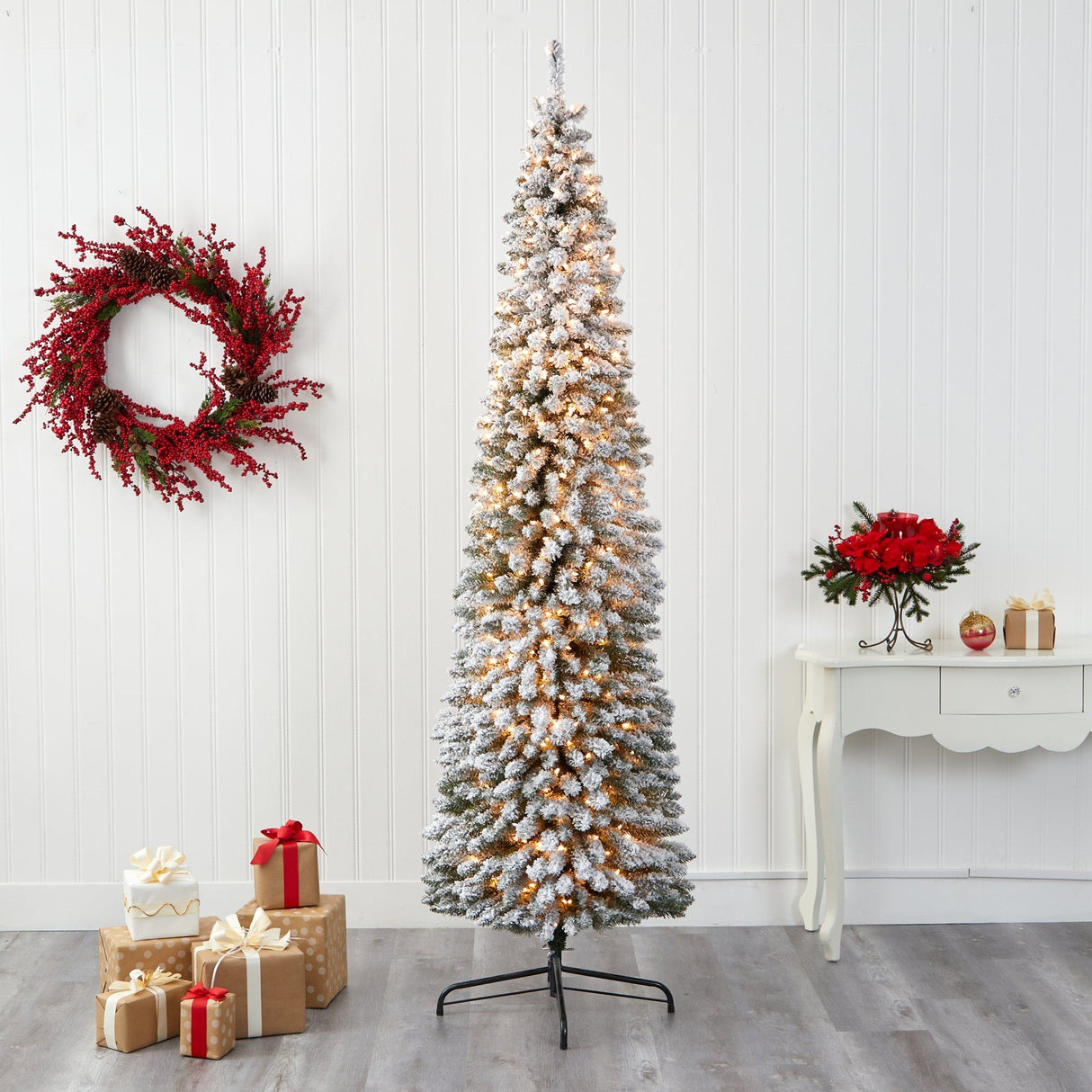8’ Flocked Pencil Artificial Christmas Tree with 500 Clear Lights and 646 Bendable Branches-Christmas Tree-Parc Decor