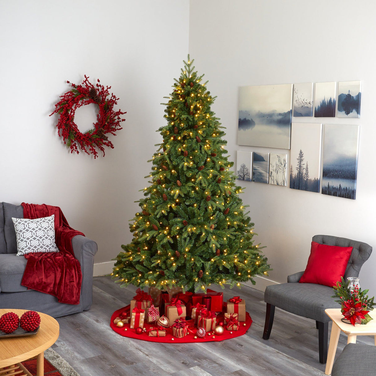 8’ Wellington Spruce “Natural Look” Artificial Christmas Tree with 550 Clear LED Lights and Pine Cones-Christmas Tree-Parc Decor