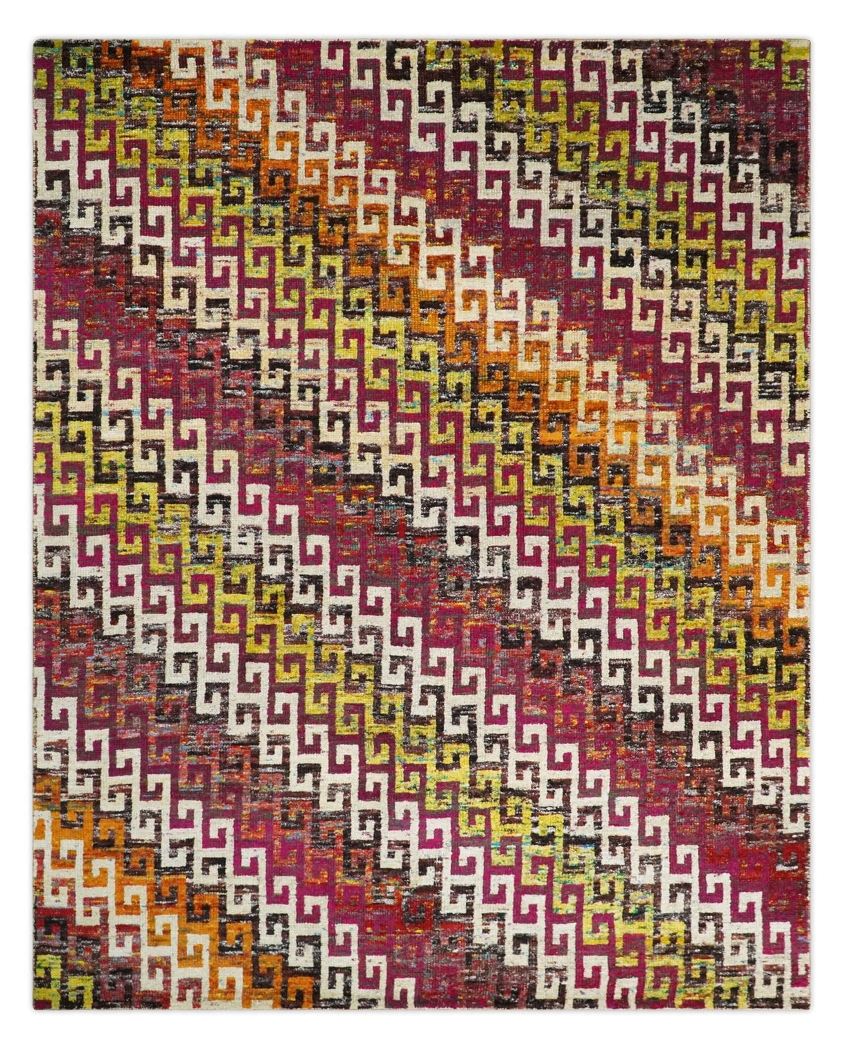 8x10 and 9x12 Hand Knotted Multicolor Modern Contemporary Southwestern Tribal Trellis Recycled Silk Area Rug