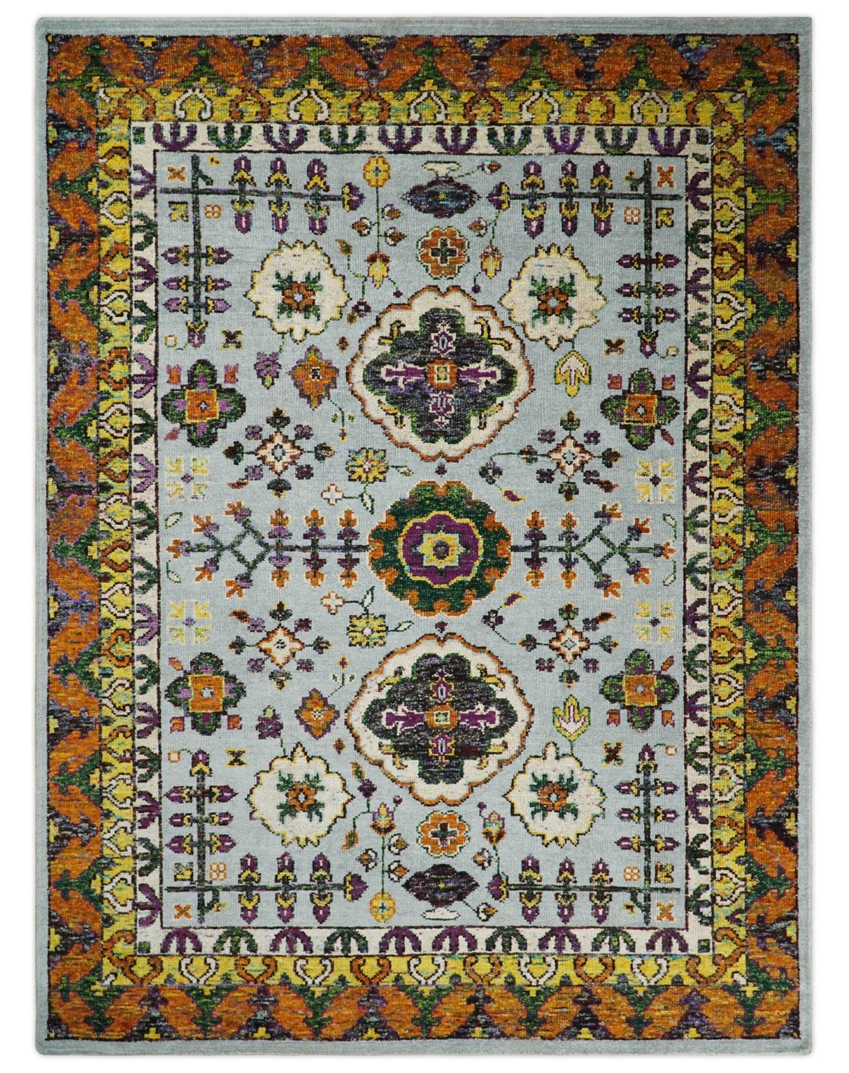 8x10 and 9x12 Hand Knotted Silver, Rust and Gold Persian Oushak made of Recycled Silk Area Rug