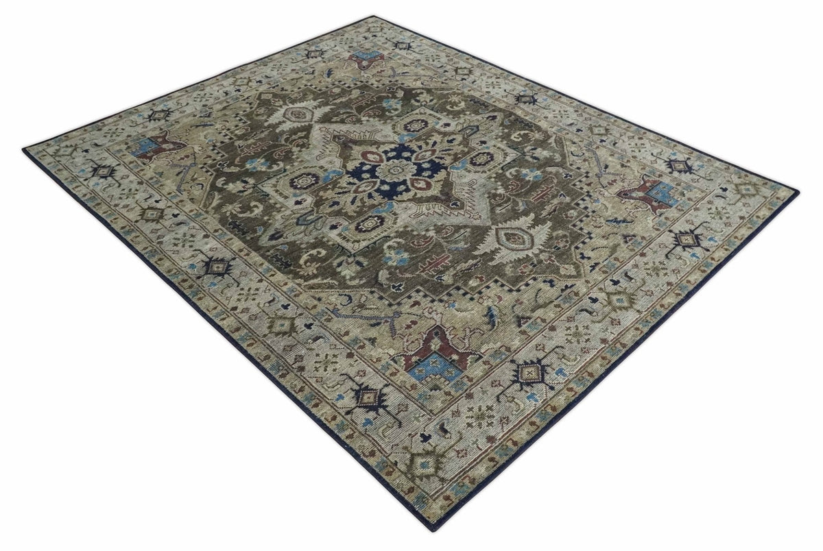 8x10 Antique look Brown, Beige and Blue Traditional Medallion wool Area Rug