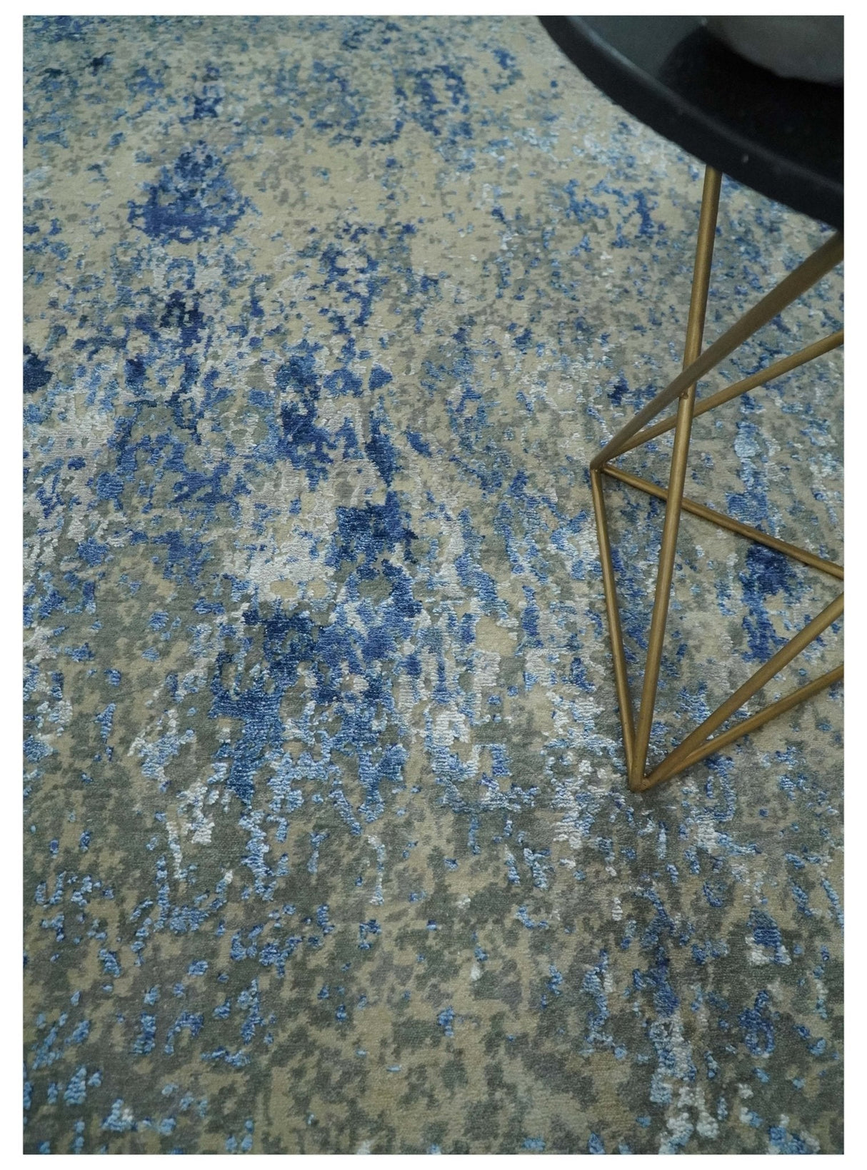 8x10 Fine Blue, Ivory and Beige Hand knotted Abstract wool and Art Silk Area Rug-Area Rug-Parc Decor