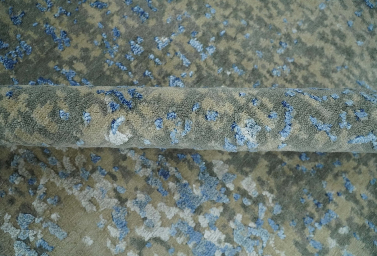 8x10 Fine Blue, Ivory and Beige Hand knotted Abstract wool and Art Silk Area Rug-Area Rug-Parc Decor