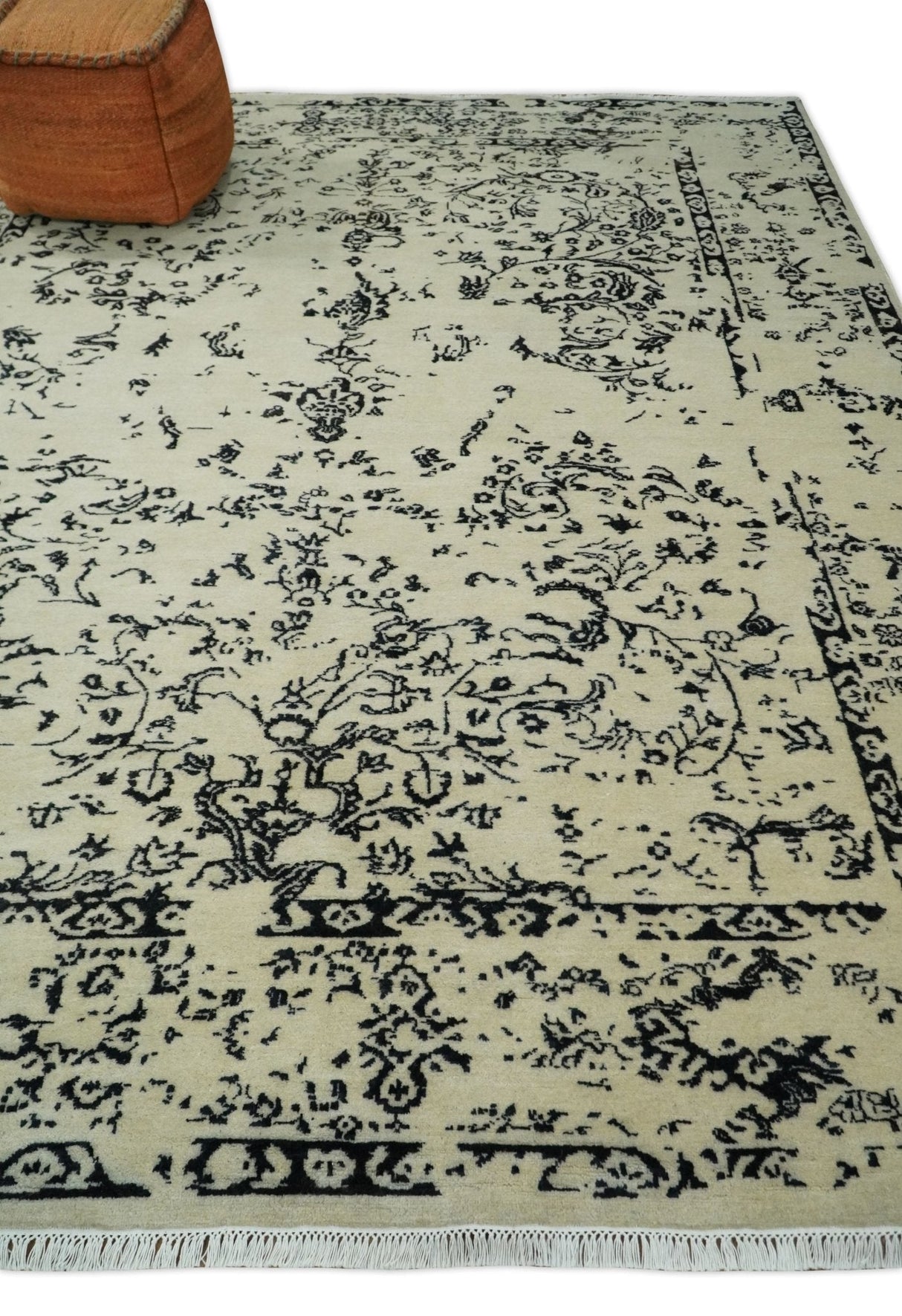 8x10 Fine Hand Knotted Beige and Black Traditional Vintage Persian Antique Wool Rug