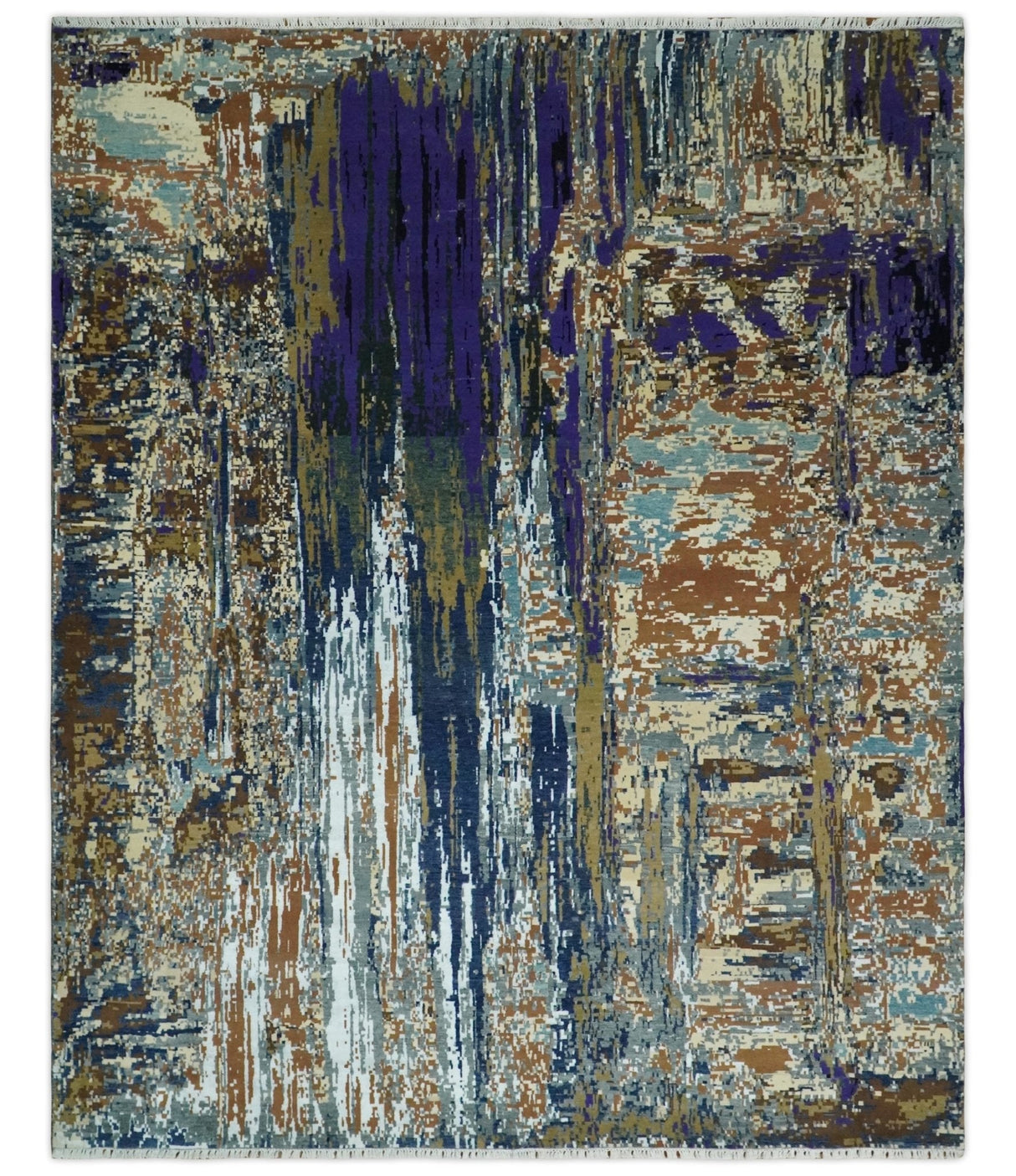 8x10 Fine Hand Knotted Blue And Brown Modern Abstract Wool and Bamboo Silk Area Rug
