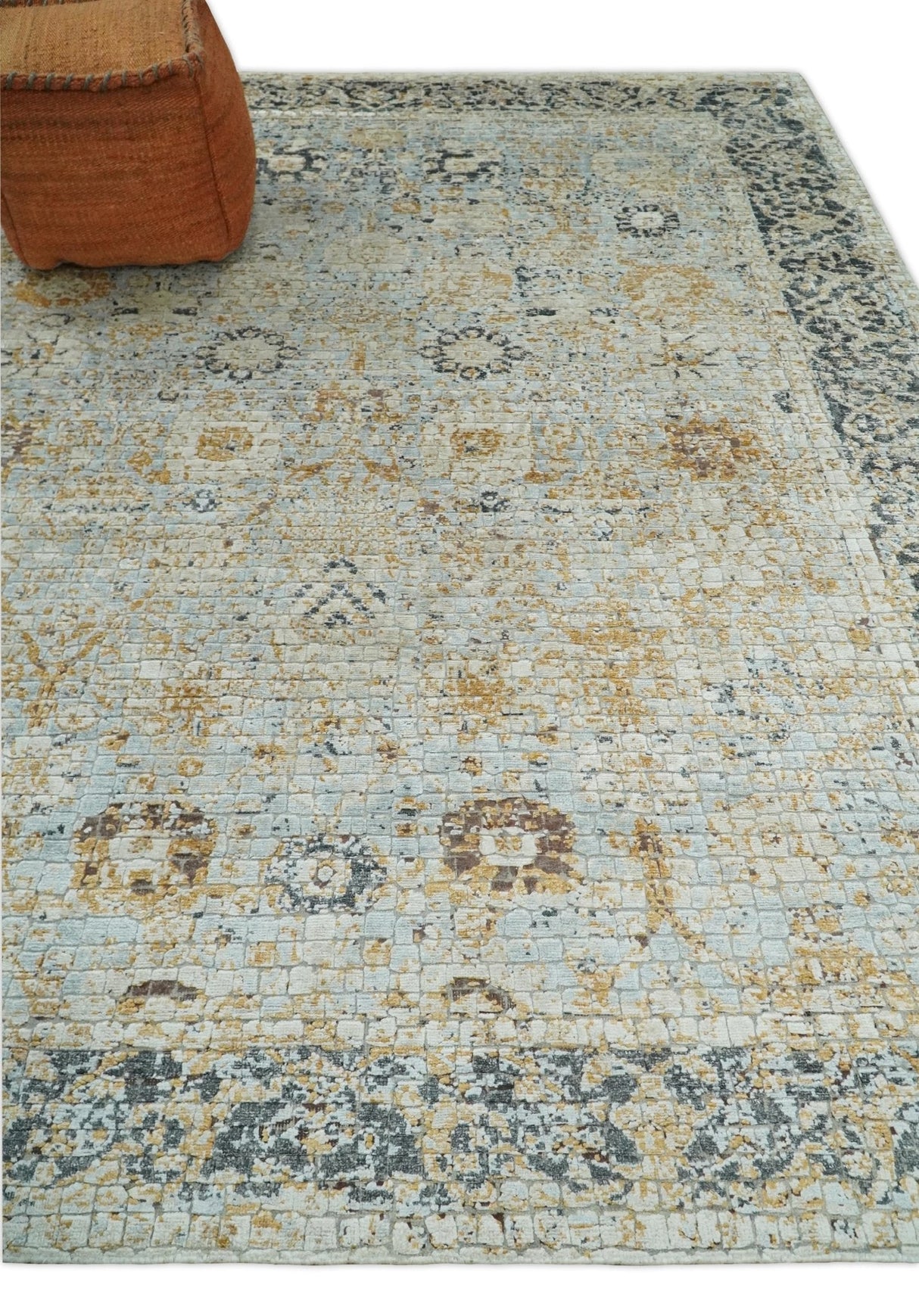 8x10 Fine Hand Knotted Blue and Gold Traditional Turkish Style Bamboo Silk Rug