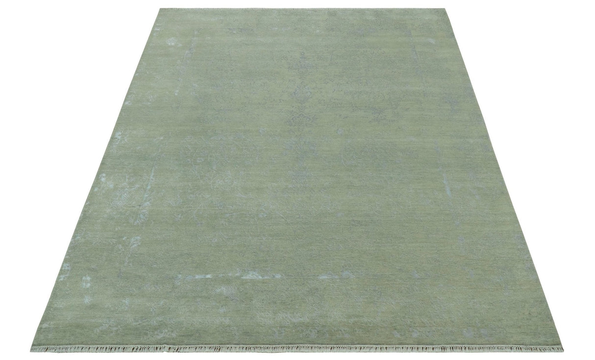 8X10 Fine Hand Knotted Green And Gray Modern abstract Design Wool and Art Silk Rug-Area Rug-Parc Decor