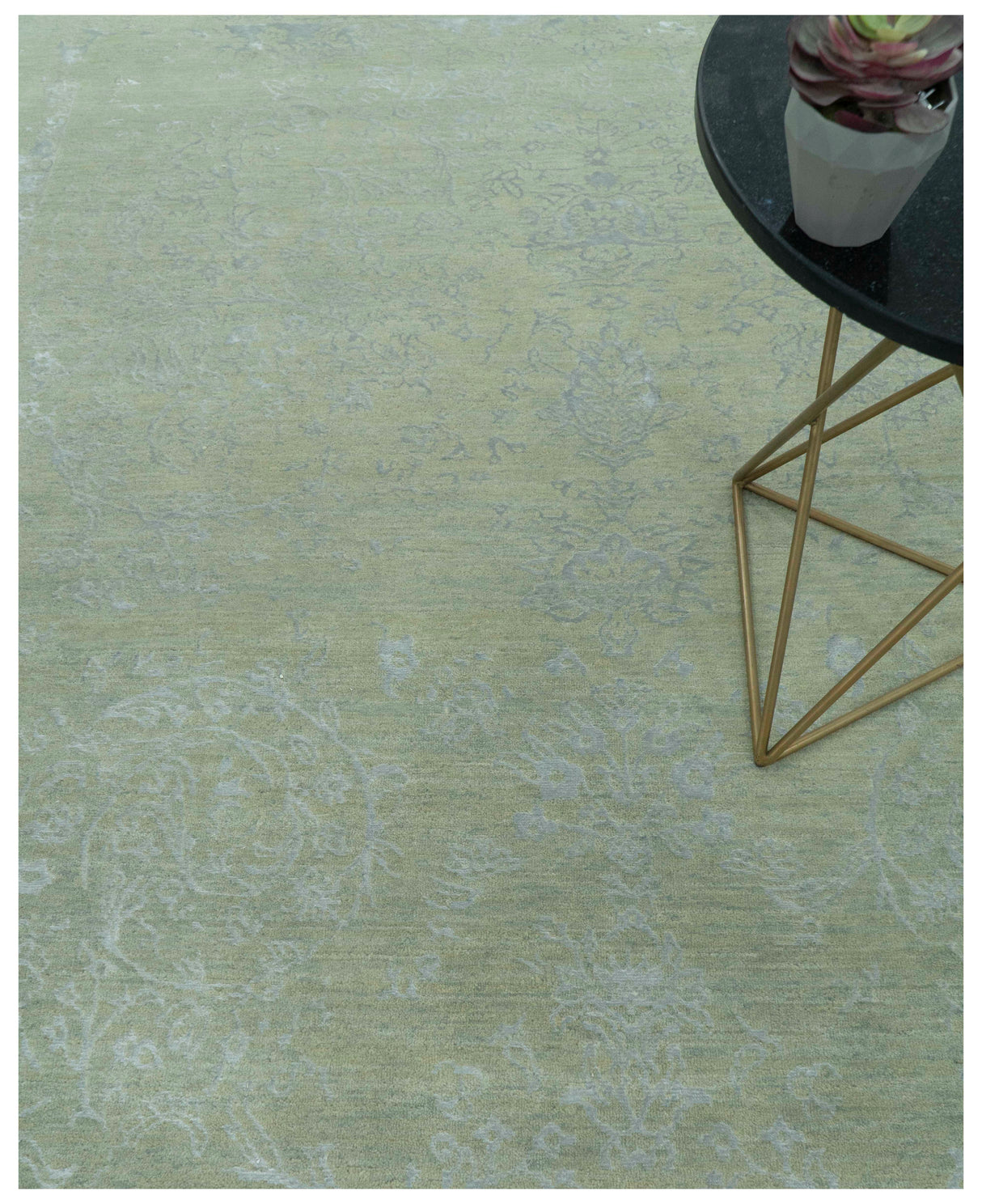 8X10 Fine Hand Knotted Green And Gray Modern abstract Design Wool and Art Silk Rug-Area Rug-Parc Decor