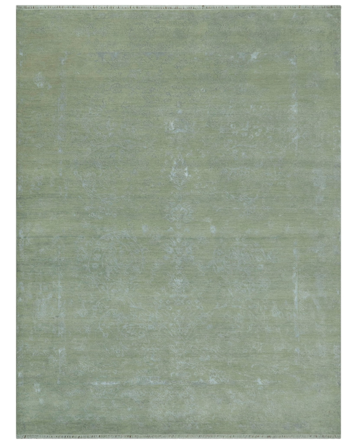 8X10 Fine Hand Knotted Green And Gray Modern abstract Design Wool and Art Silk Rug-Area Rug-Parc Decor