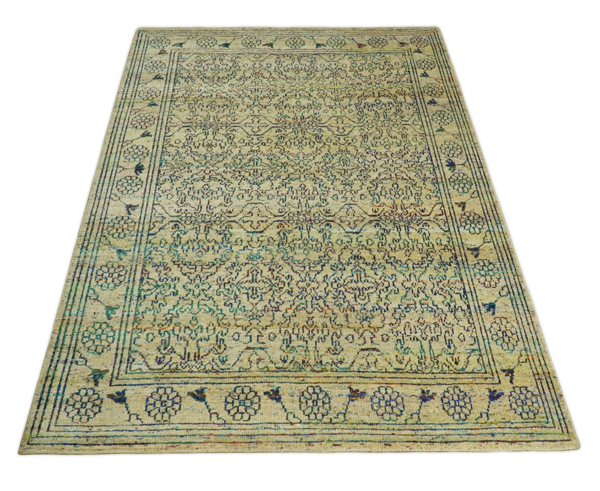 8x10 Hand Knotted Beige and Blue Persian made of Recycled Silk Area Rug