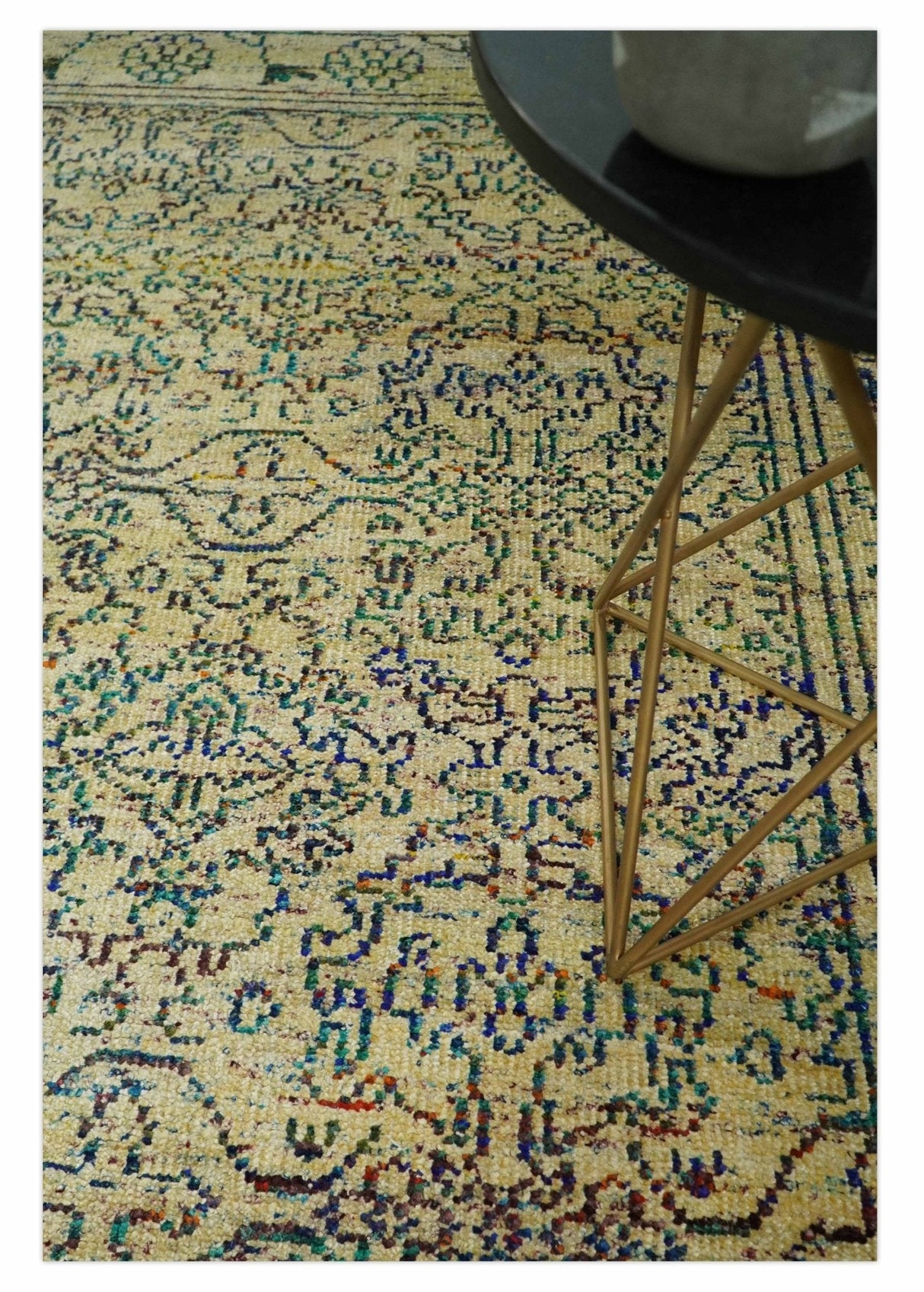 8x10 Hand Knotted Beige and Blue Persian made of Recycled Silk Area Rug