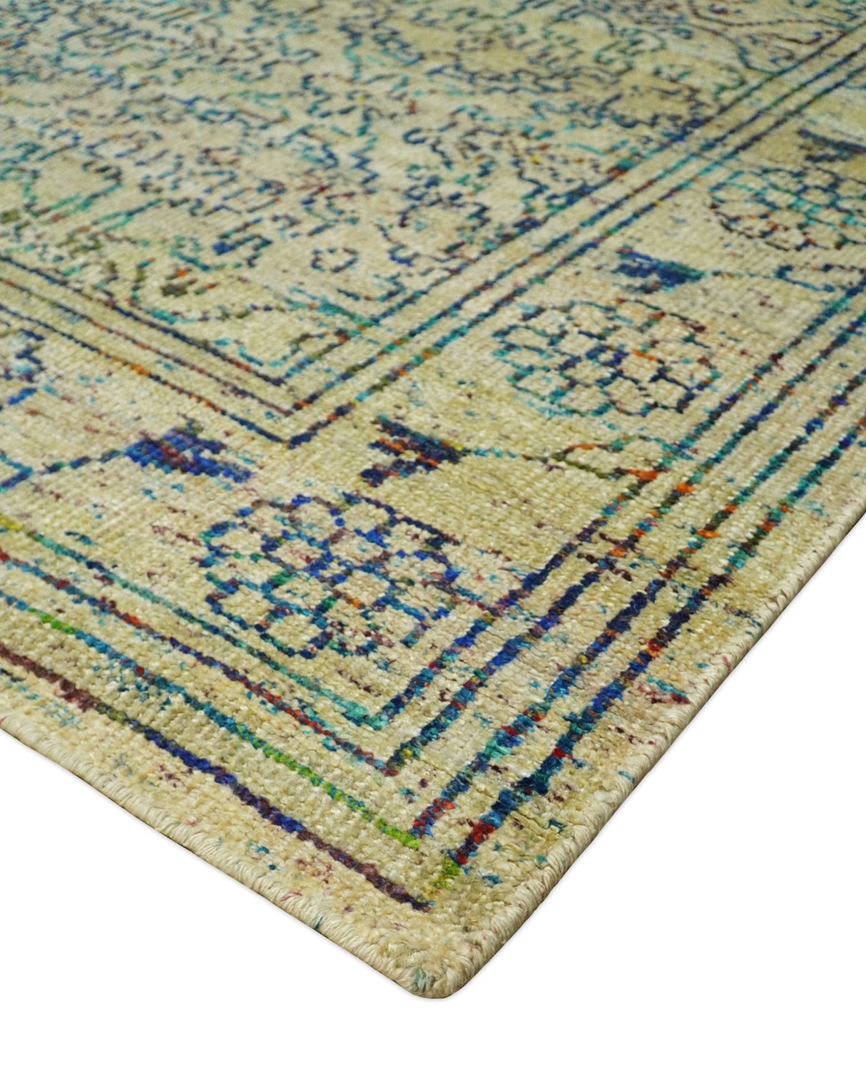 8x10 Hand Knotted Beige and Blue Persian made of Recycled Silk Area Rug
