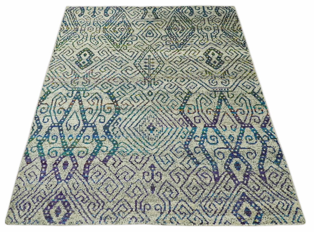 8x10 Hand Knotted Beige and Blue Persian Recycled Silk Area Rug