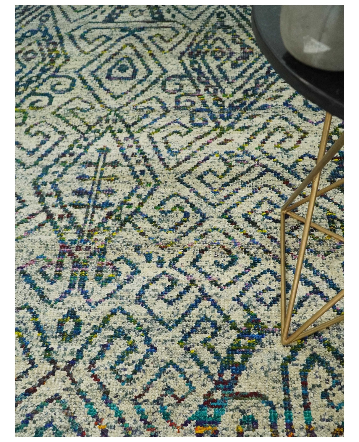 8x10 Hand Knotted Beige and Blue Persian Recycled Silk Area Rug