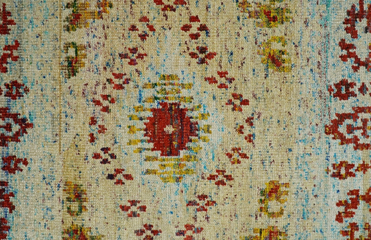 8x10 Hand Knotted Beige, Blue and Rust Persian Recycled Silk Area Rug