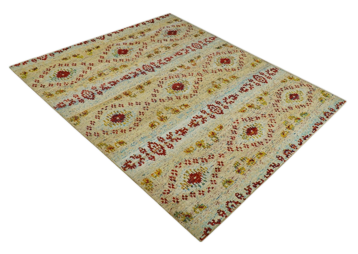 8x10 Hand Knotted Beige, Blue and Rust Persian Recycled Silk Area Rug