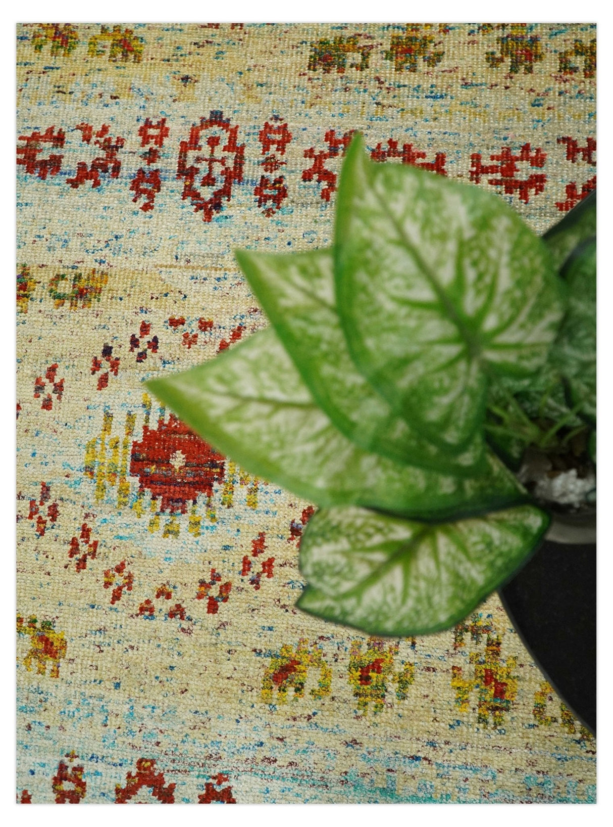 8x10 Hand Knotted Beige, Blue and Rust Persian Recycled Silk Area Rug