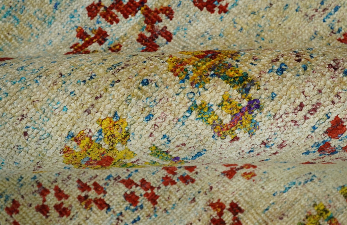 8x10 Hand Knotted Beige, Blue and Rust Persian Recycled Silk Area Rug