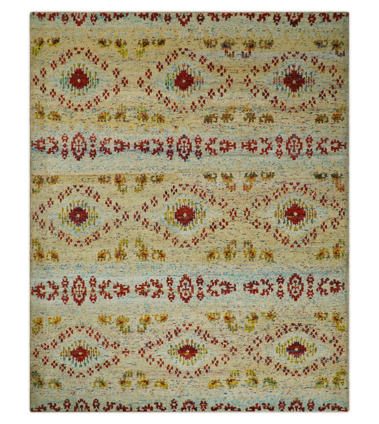 8x10 Hand Knotted Beige, Blue and Rust Persian Recycled Silk Area Rug