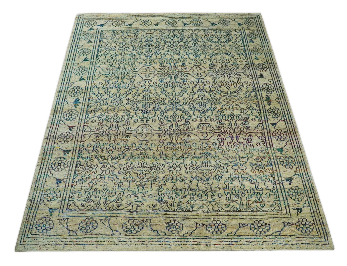 8x10 Hand Knotted Beige, Ivory and Blue Persian Recycled Silk Area Rug